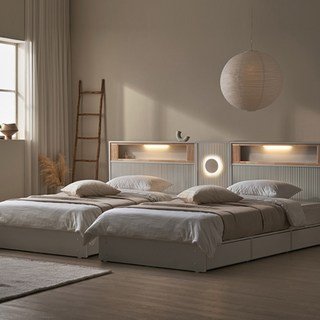 잉글랜더 워싱턴 템바보드 편백나무 원목 호텔 트윈 수납 침대+협탁1EA(Sweet Slumber 스탠다드 매트-SS+SS), 매트포함(SS+SS)+협탁, 화이트+매트(베이지)