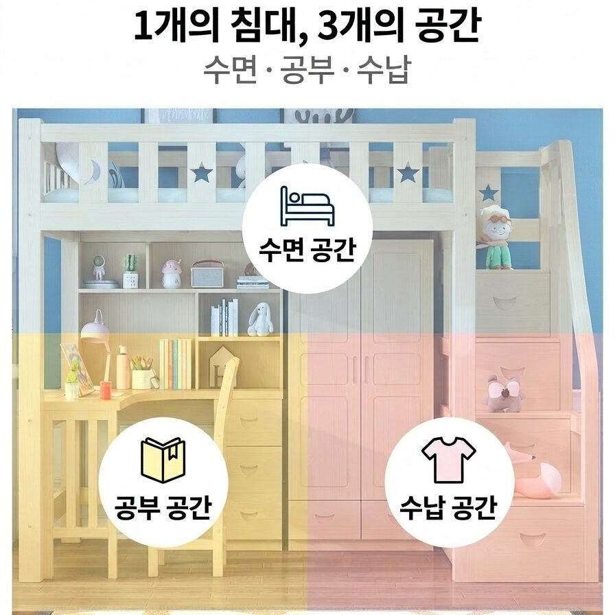 우든네스트 원목 벙커침대 2층 책상 옷장 세트 일체형, 원목/사다리형(단품)-우측 상세 이미지 2